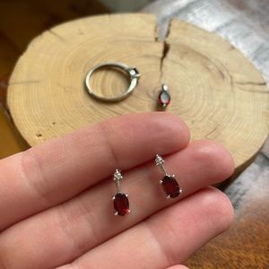 Garnet, diamond white gold earrings, pendant, ring